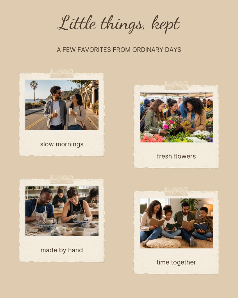 Portrait photo collage with four taped photo frames and captions about everyday moments