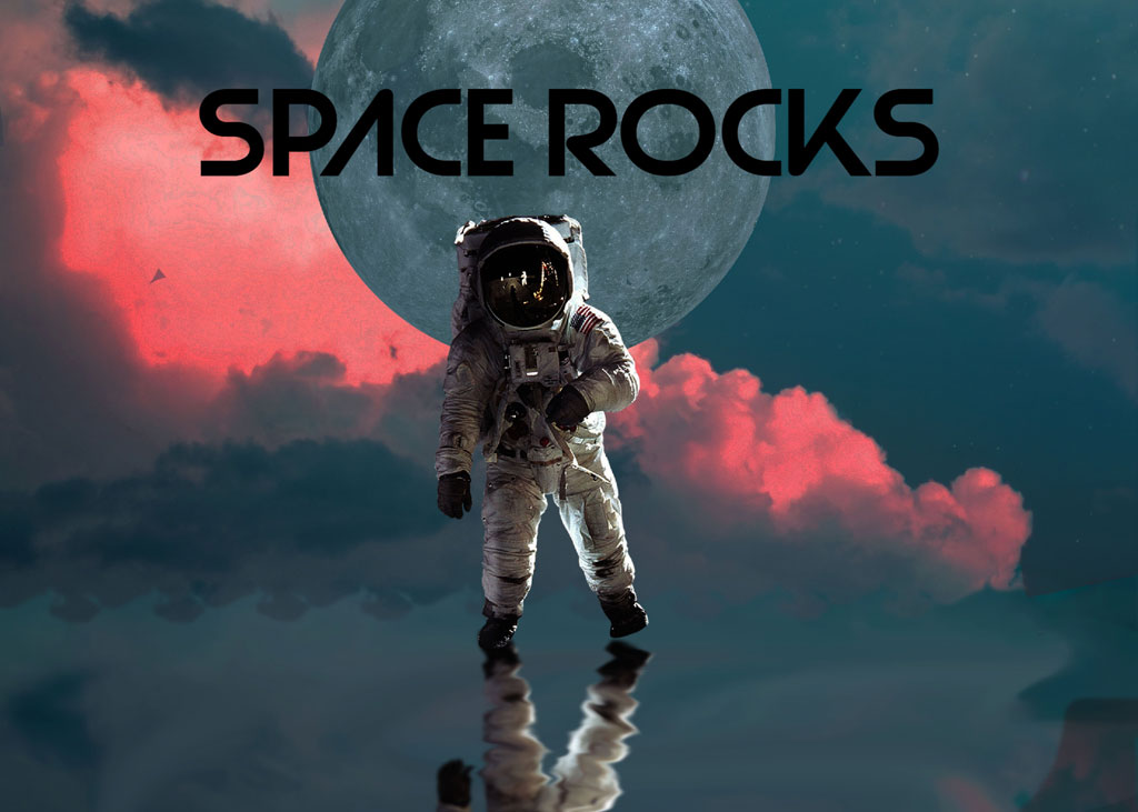 Astronaut in white suit floating with a large moon and red clouds in the background.