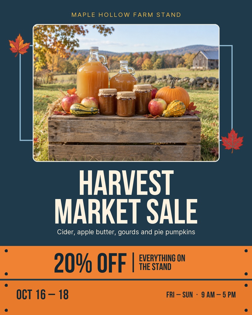 Portrait Instagram post with farm stand produce, autumn leaves, and bold harvest sale text.