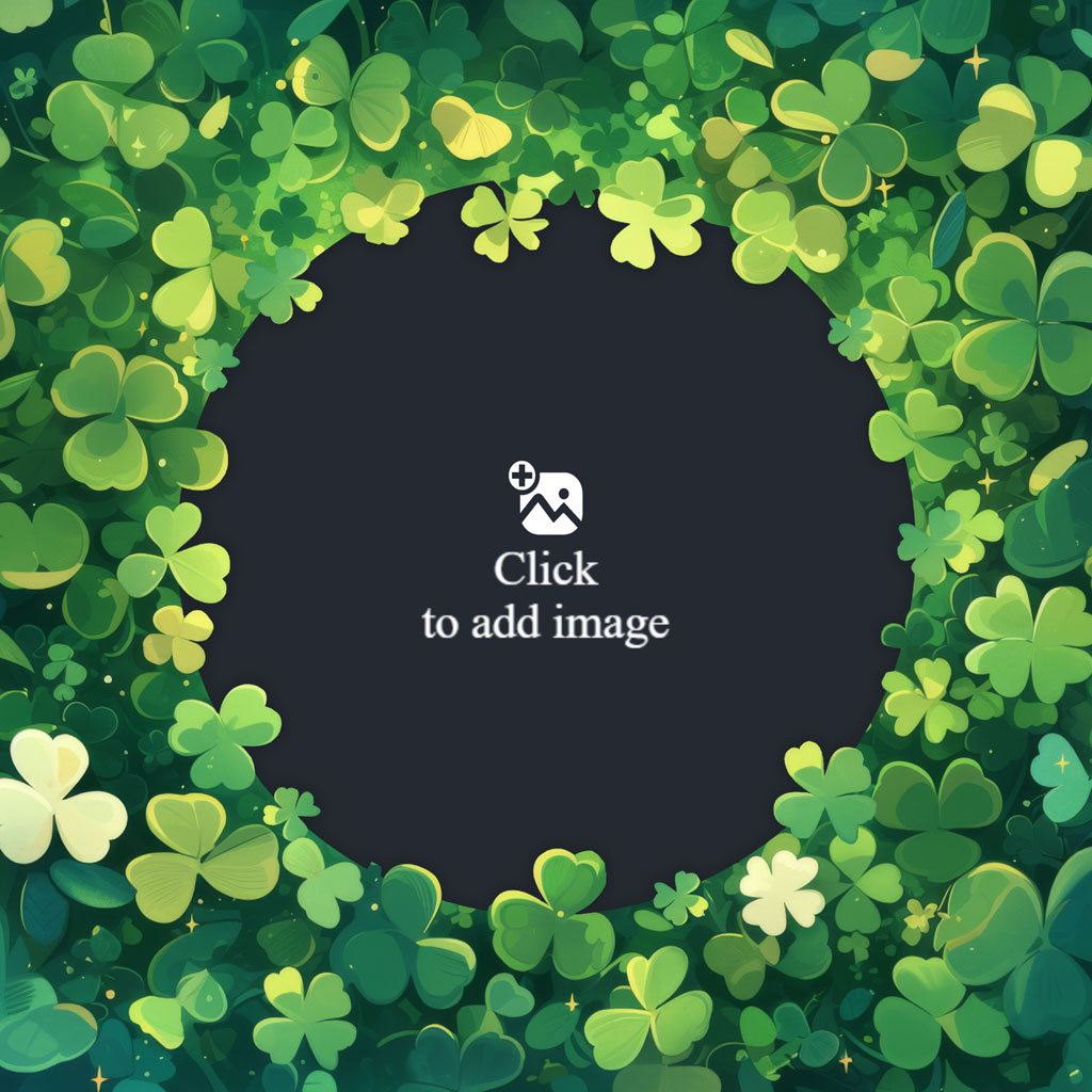 A circular frame made of various shades of green shamrocks and leaves on a black background.