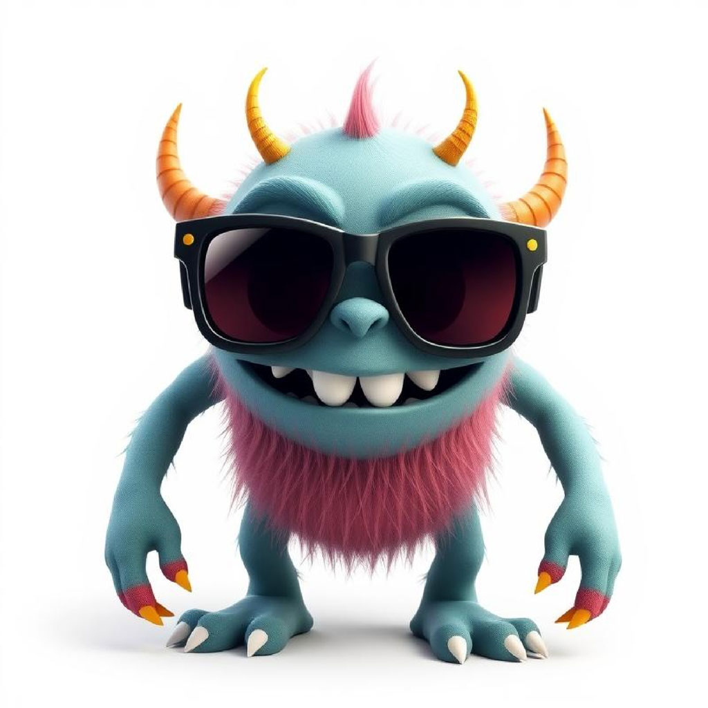 A blue monster with pink fur and orange horns wearing black sunglasses.