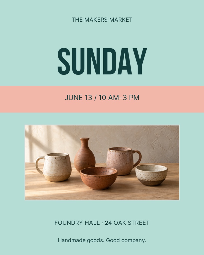 Portrait post with pottery photo, Sunday headline, date, time, and market location details.