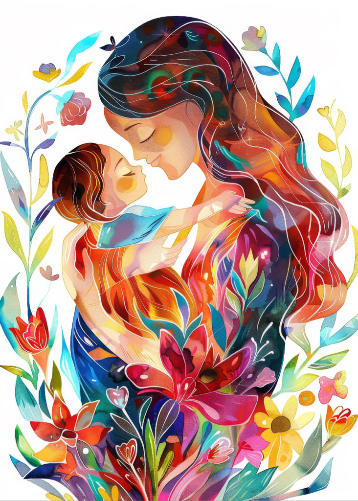 Colorful depiction of a mother holding her child surrounded by flowers