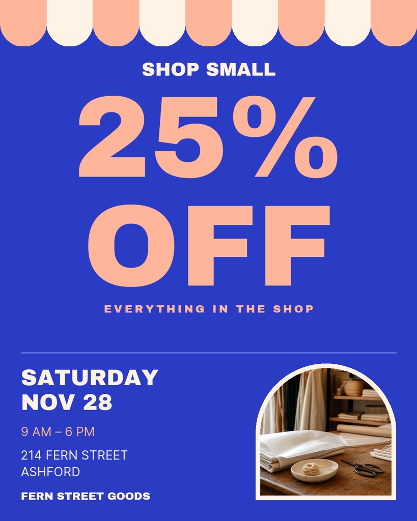 Blue portrait sale flyer with peach scalloped top, large 25% off text, and a small storefront photo window.