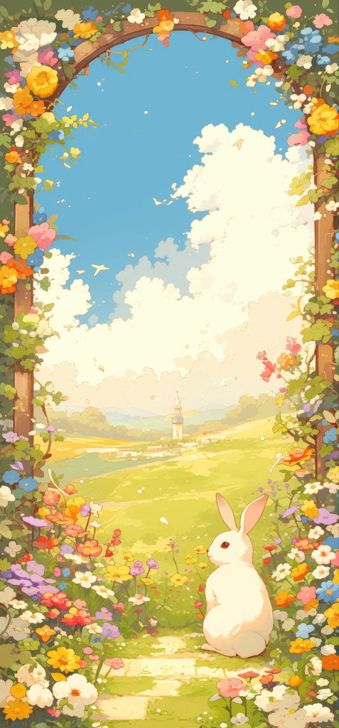 Illustration of a white rabbit sitting in a garden surrounded by colorful flowers and a distant tower.