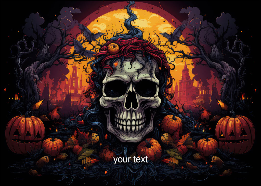 Halloween party invitation with a skull and pumpkins