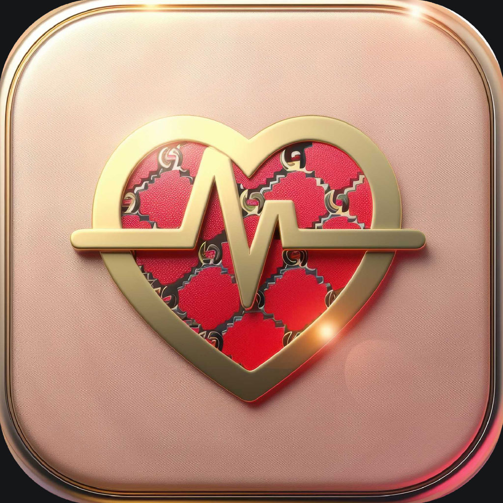 Heart health monitoring app icon with a red heart and gold heartbeat line