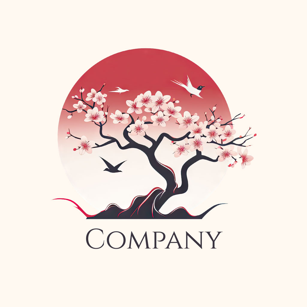 Company logo with a blooming tree and flying birds