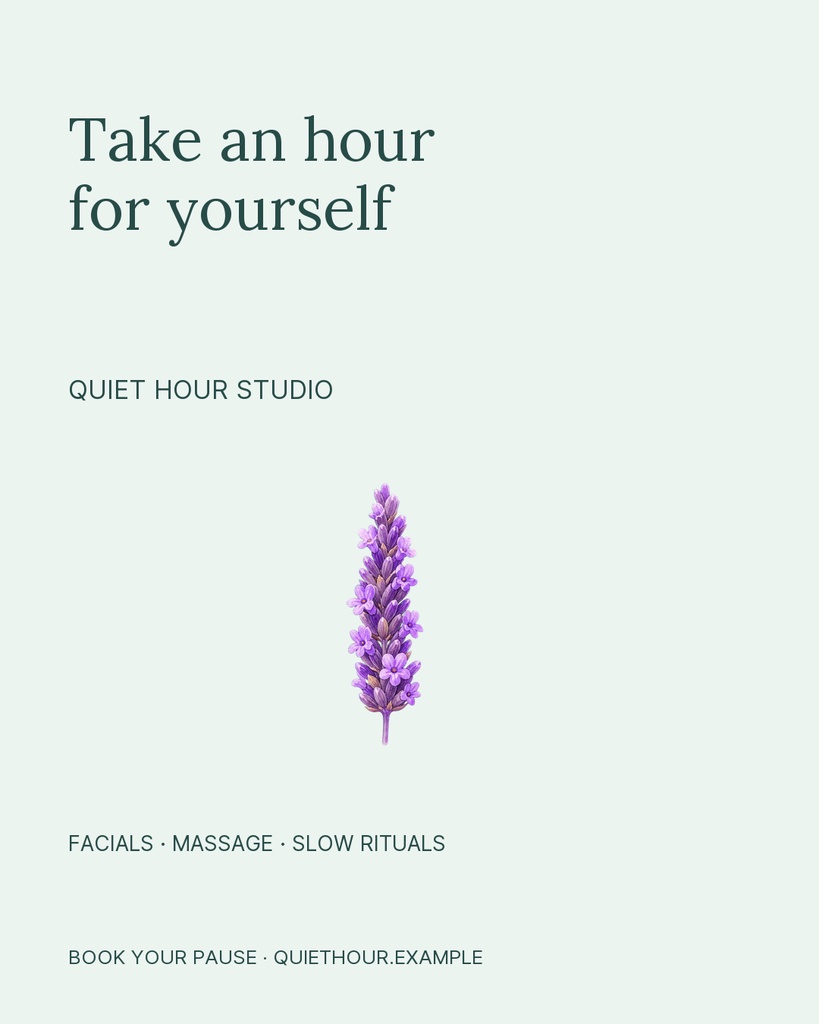 Minimal portrait post with the words Take an hour for yourself and a small purple flower illustration.