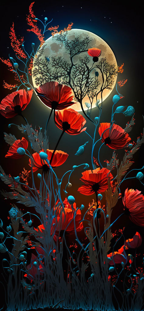 Surreal poppy garden under a full moon