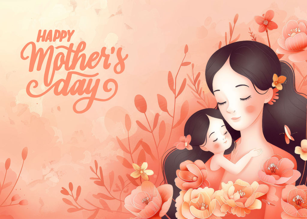 Illustration of a mother embracing her child with flowers around them