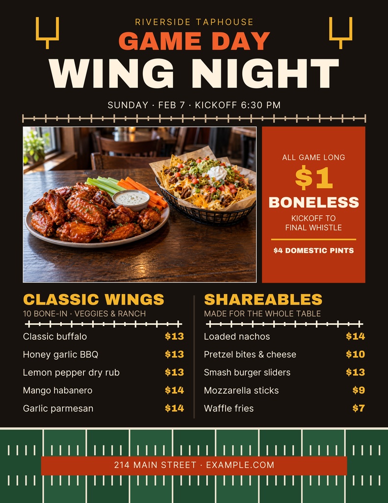Preview for Game Day Wing Night Letter Menu / Price List Template