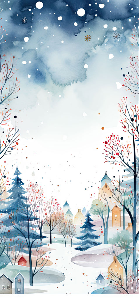 Watercolor painting of a snowy village with houses and trees