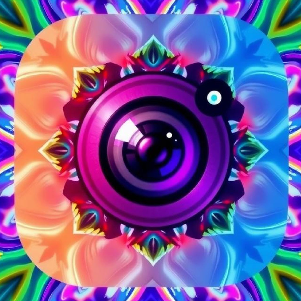 A stylized camera lens with a kaleidoscope background