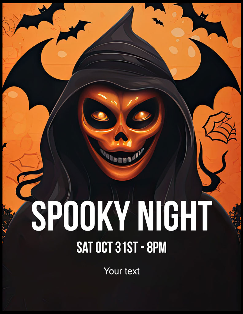 Halloween event poster featuring a grim reaper with a skull face