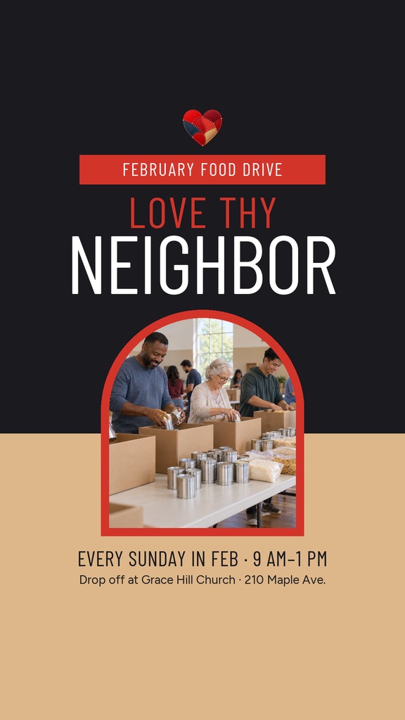 Instagram story template for a church food drive with bold text and a photo of volunteers packing donations.