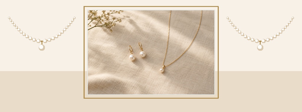 Pearl necklace, gold necklace, and pearl earrings on a soft beige background with a framed center panel.