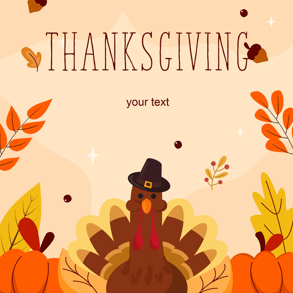 Cartoon turkey in pilgrim hat surrounded by autumn leaves and pumpkins