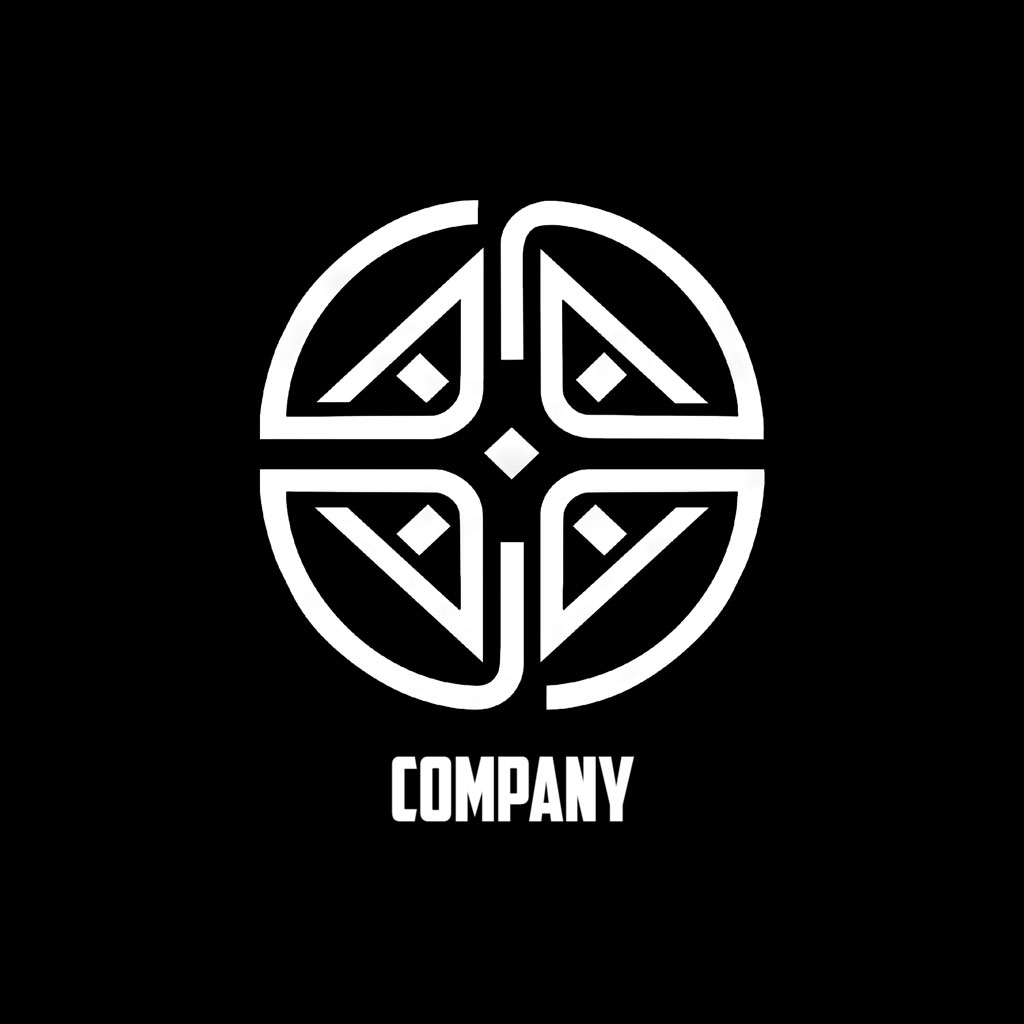 Company logo with a stylized geometric shape on a black background