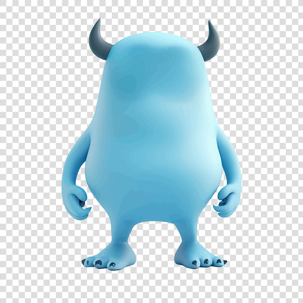 A blue monster with two horns and a rounded body standing on two feet.