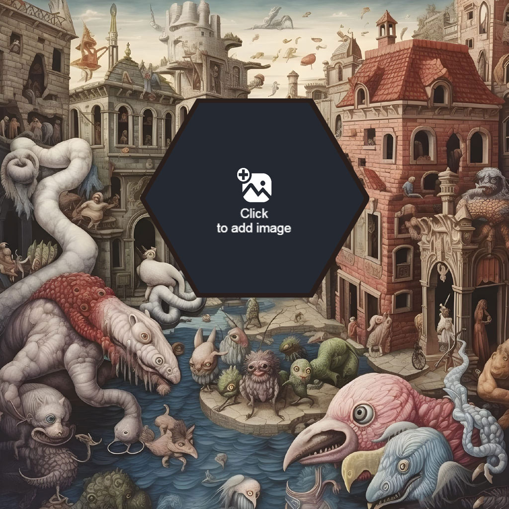 Surrealist artwork with fantastical creatures and buildings