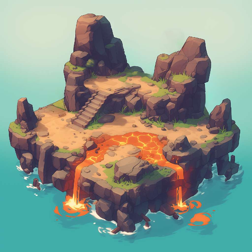 A pixelated island with a volcano erupting lava into the sea.