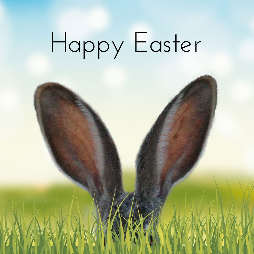 Bunny ears in the grass with Happy Easter text