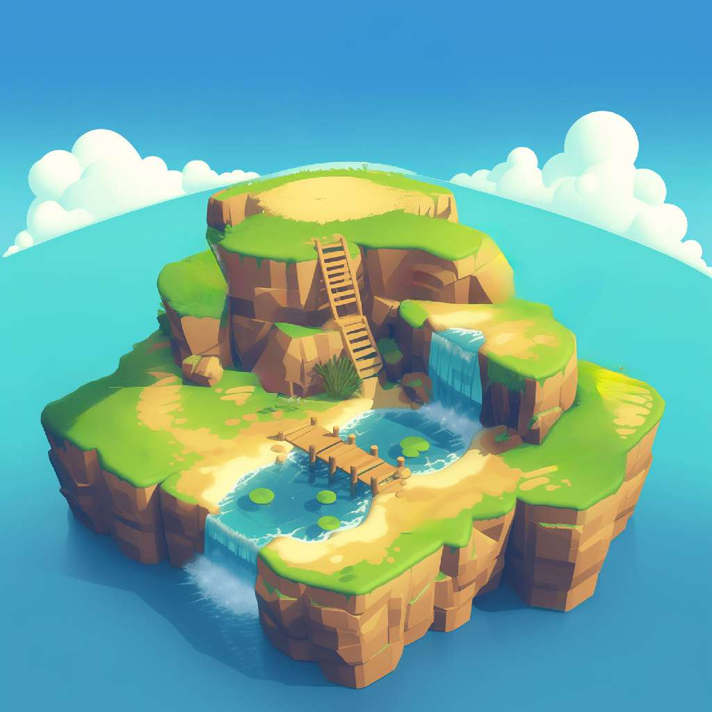 A 3D illustration of a peaceful island with a pond and waterfall