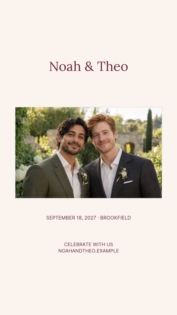 Minimal wedding story template with the names Noah and Theo above a couple's photo and date details below.