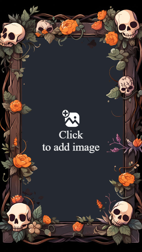 Halloween-themed frame with skulls and orange flowers