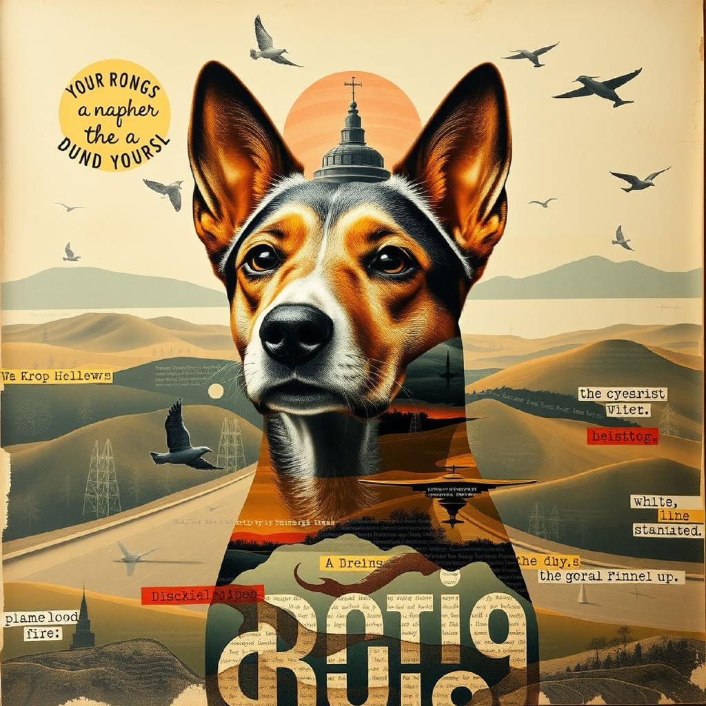 Surreal collage artwork with a statue head and diverse visual elements