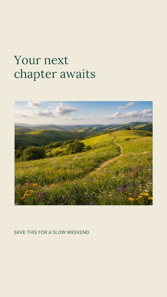 Instagram story template with a landscape photo, headline text, and small call to action on a neutral background.