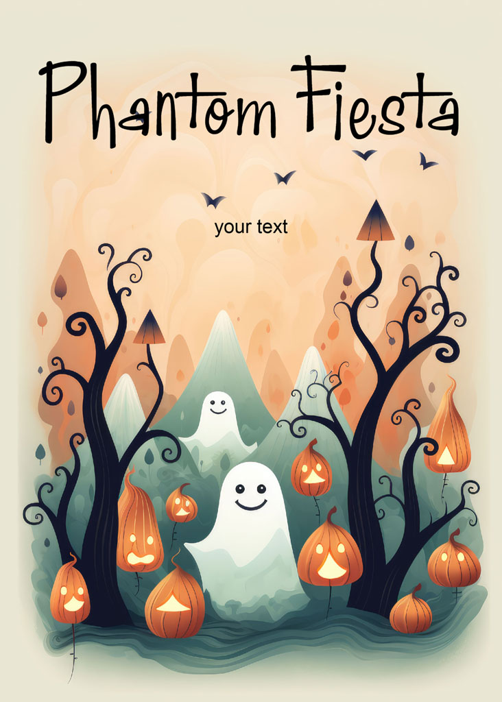 Cartoon ghosts and pumpkins in a fantastical landscape with twisted trees and flying bats.