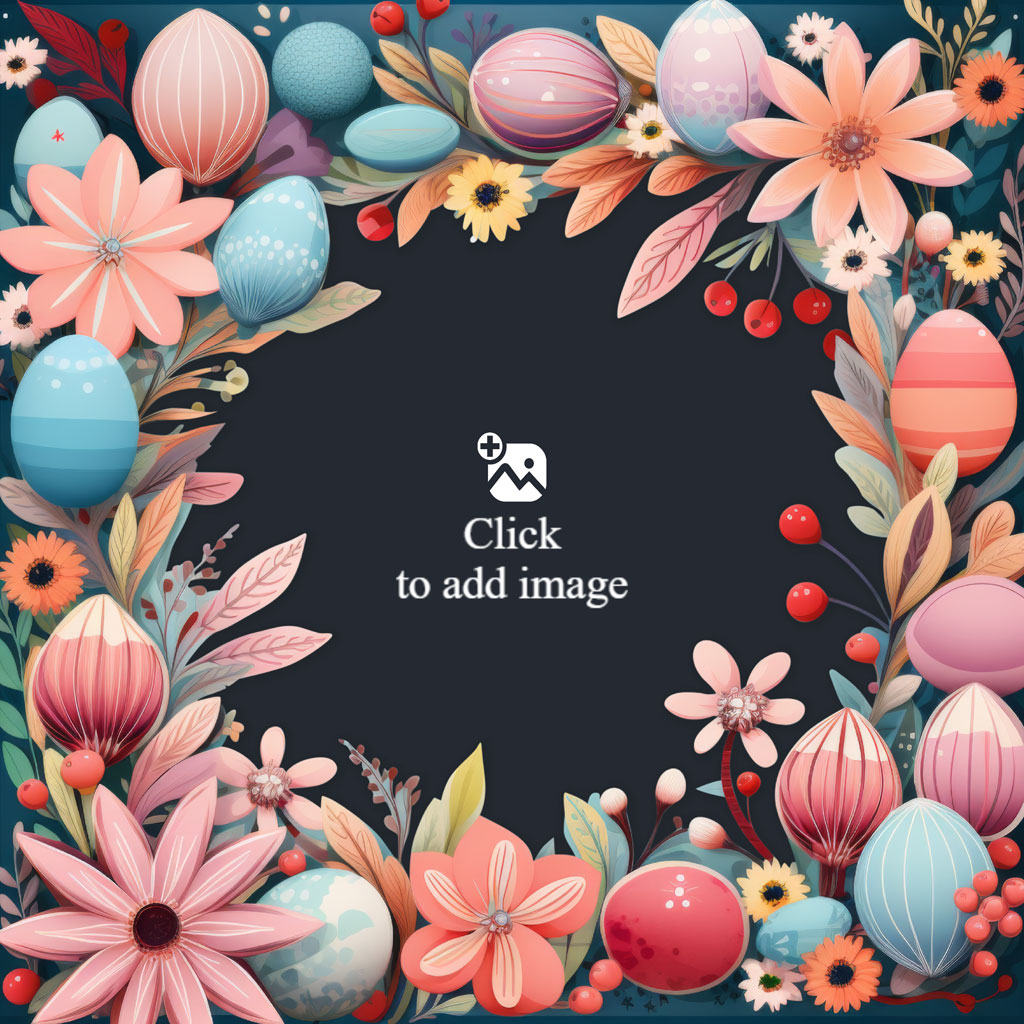 Easter floral frame with colorful eggs and flowers on a dark background