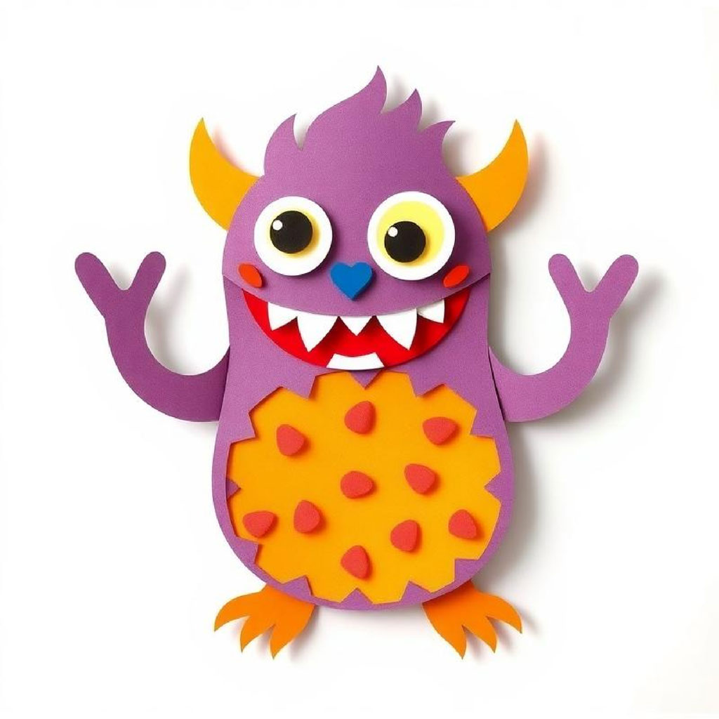 A purple monster with yellow horns, orange feet, and a big smile.