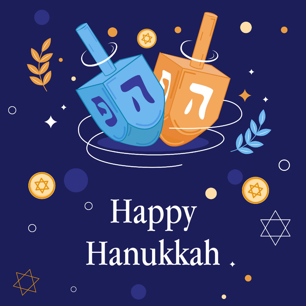Illustration of two dreidels and Hanukkah greeting on a dark blue background