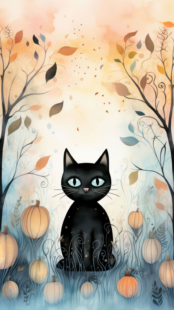 Black cat sitting among pumpkins and autumn leaves