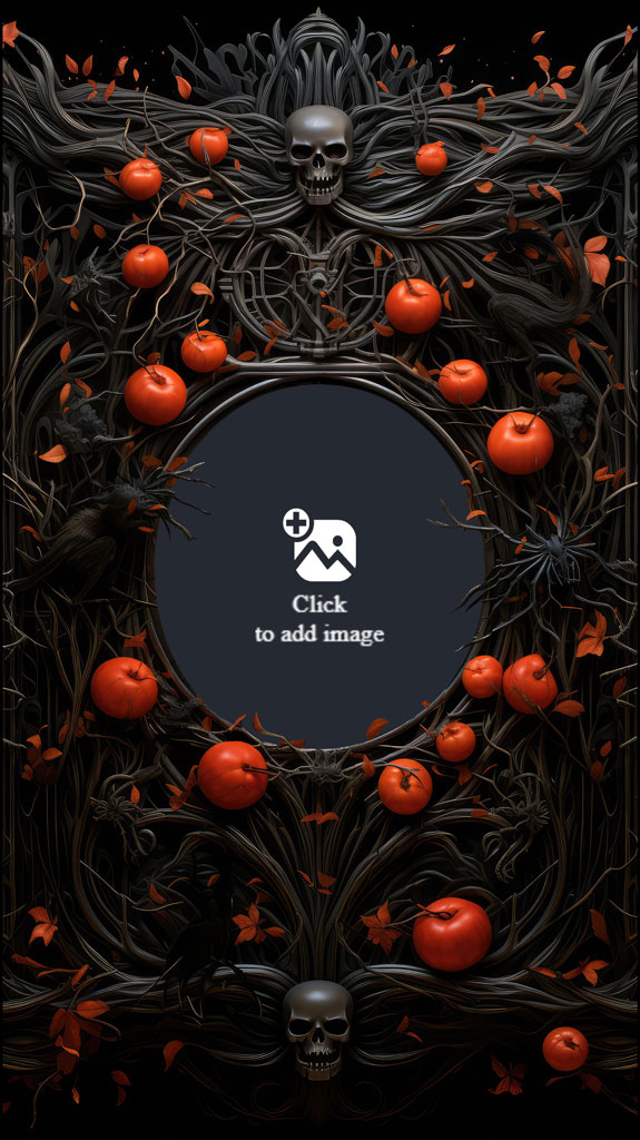 A dark, ornate mirror frame with twisted vines, red apples, and skulls