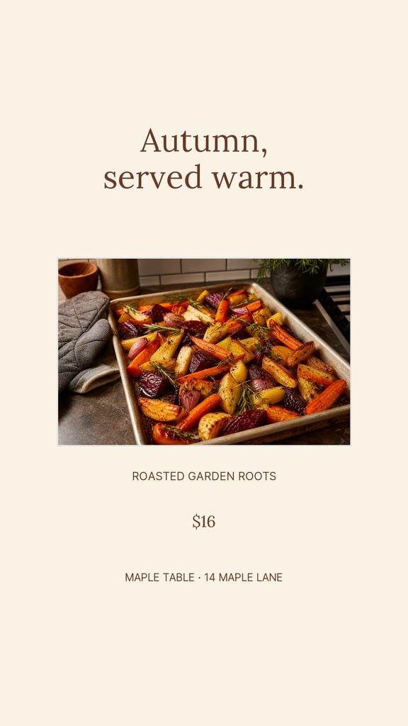 Portrait story template showing roasted garden roots on a warm cream background with autumn typography.