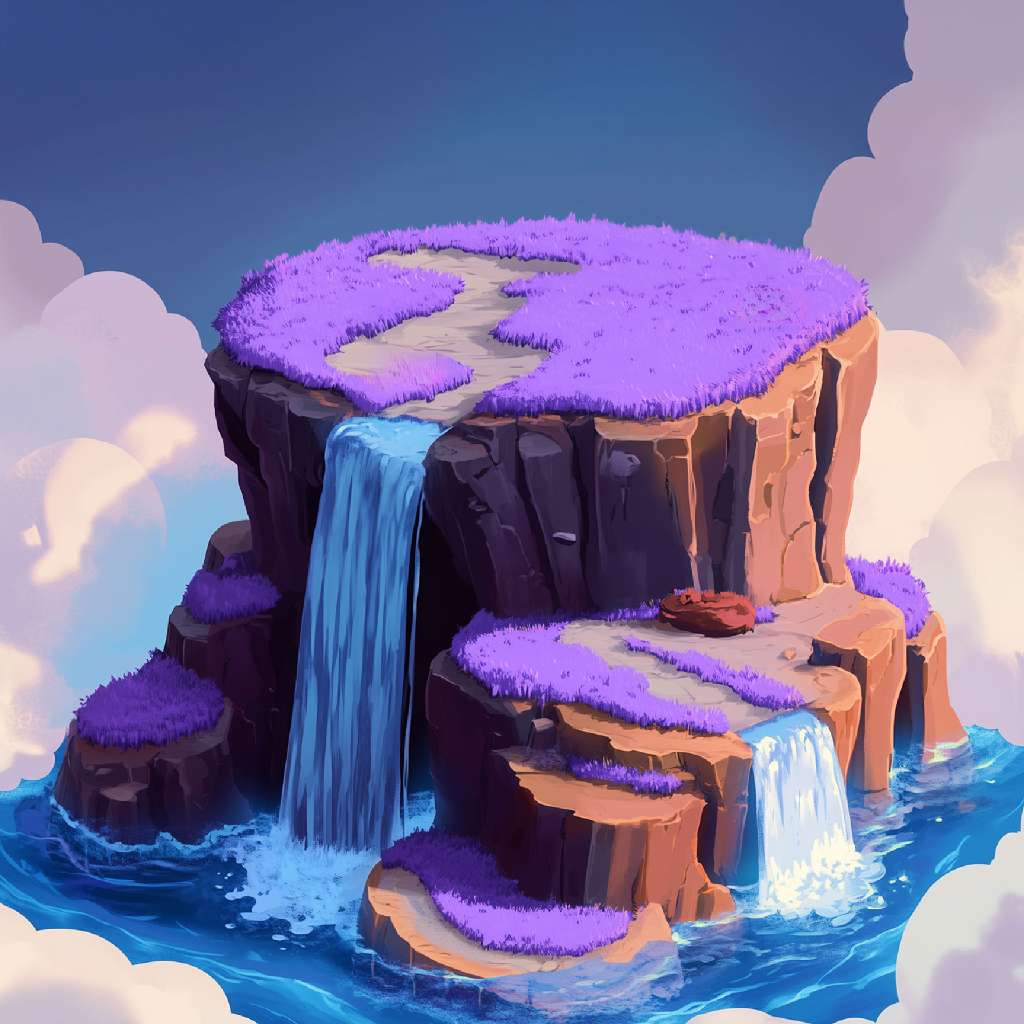 A cartoon-style floating island with purple grass and a waterfall cascading into the ocean.