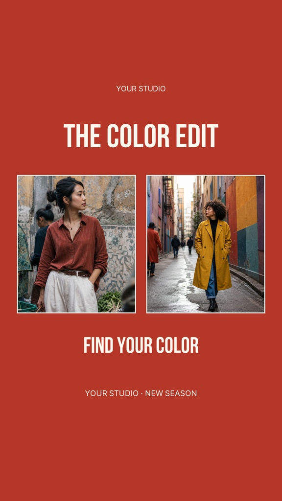 Red fashion story template with two portrait photos and bold white text reading The Color Edit.