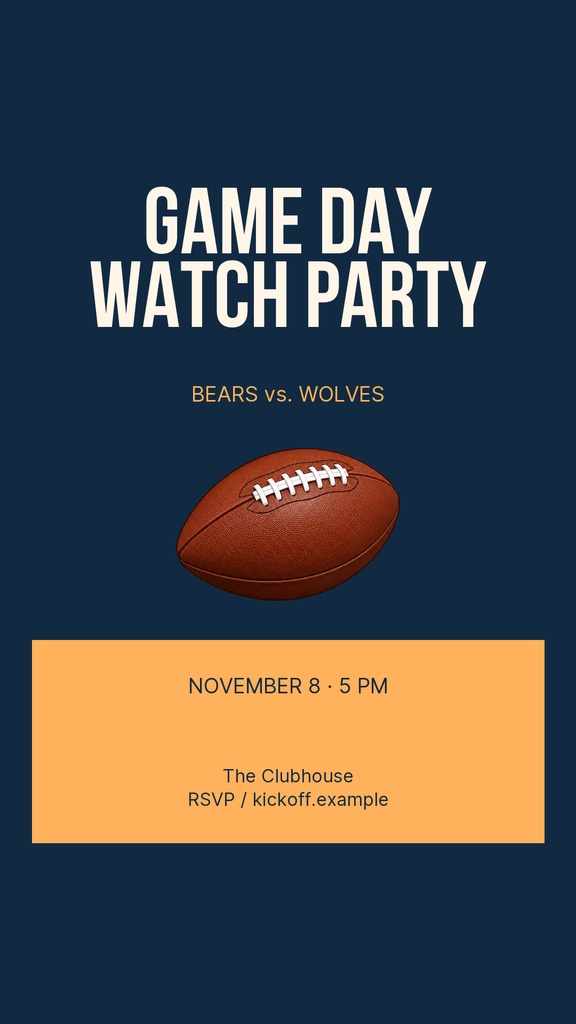 Navy Instagram story template with bold Game Day Watch Party text and a football illustration.