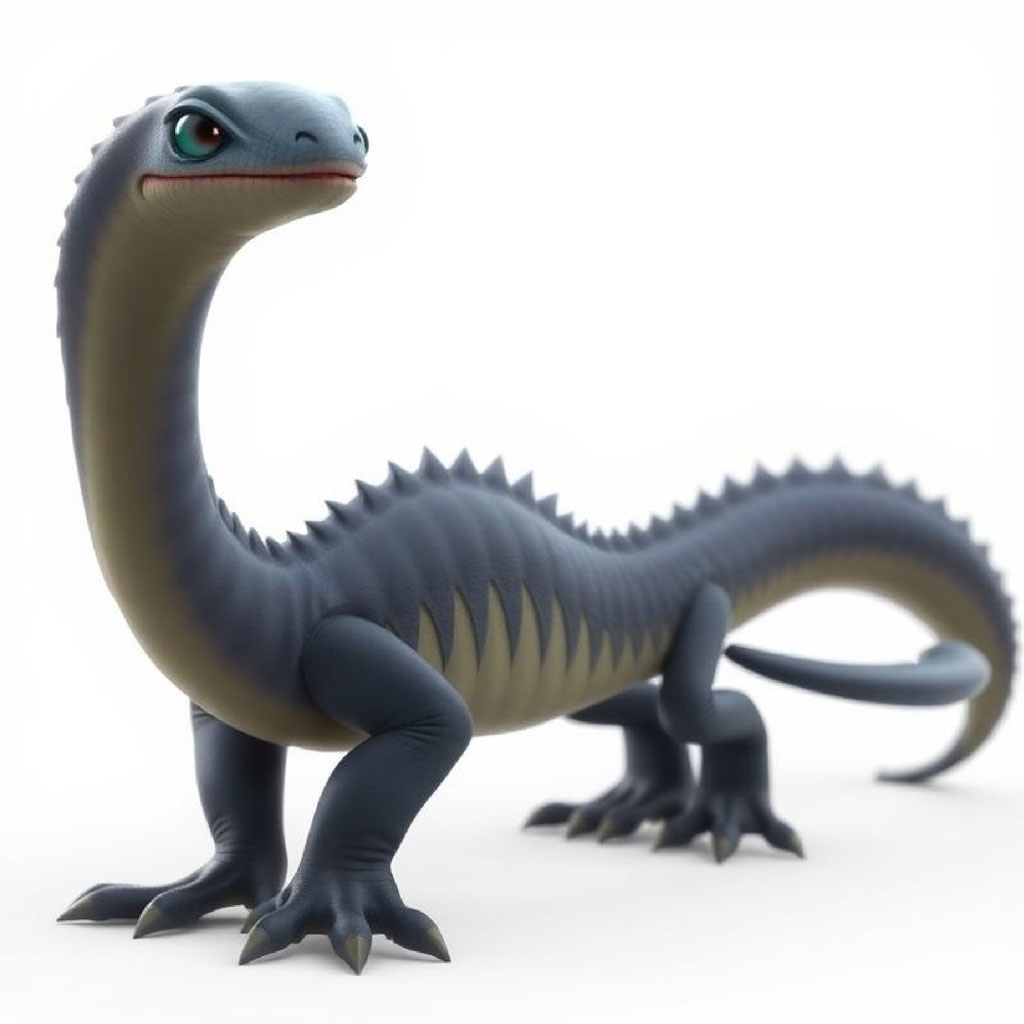 A gray dinosaur toy with a long neck and tail, spiky back, and sharp claws on a white background.