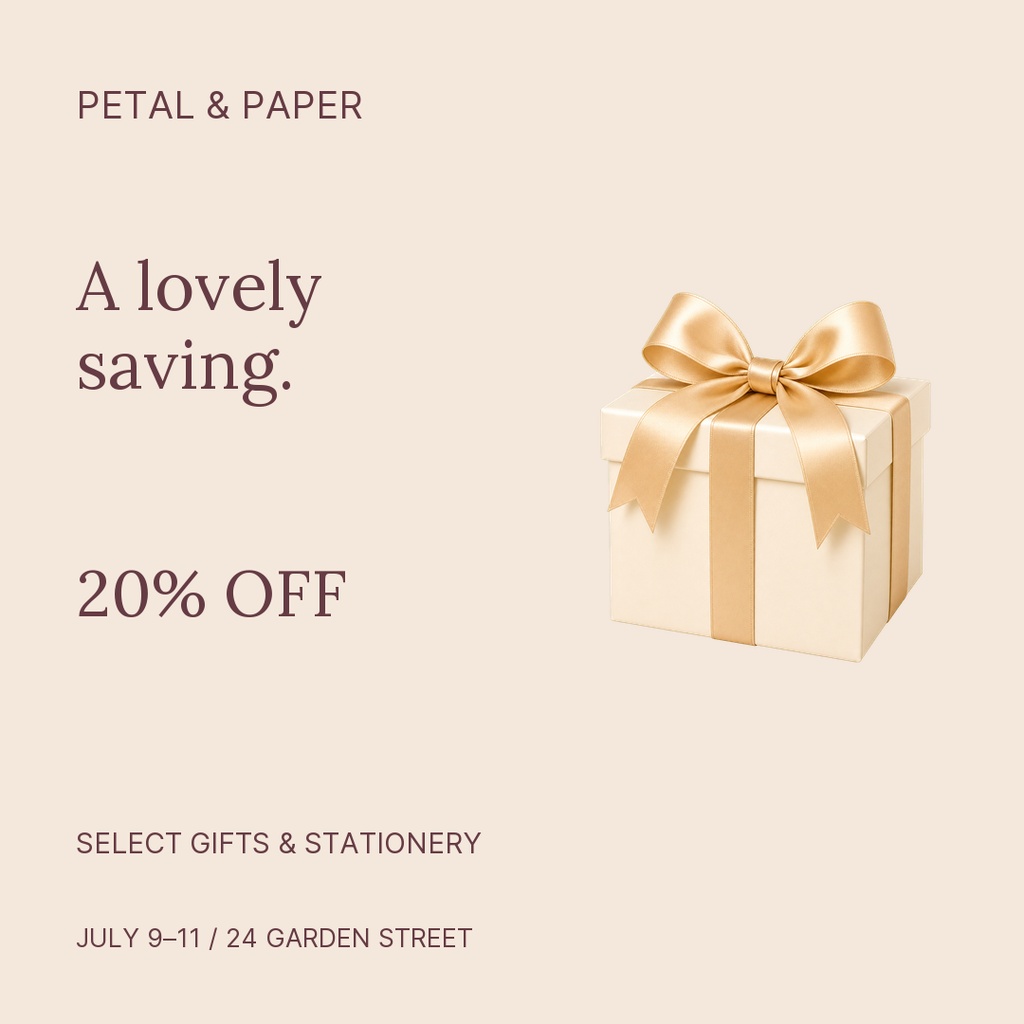 Minimal square post with a wrapped gift box and text for a 20% off sale.