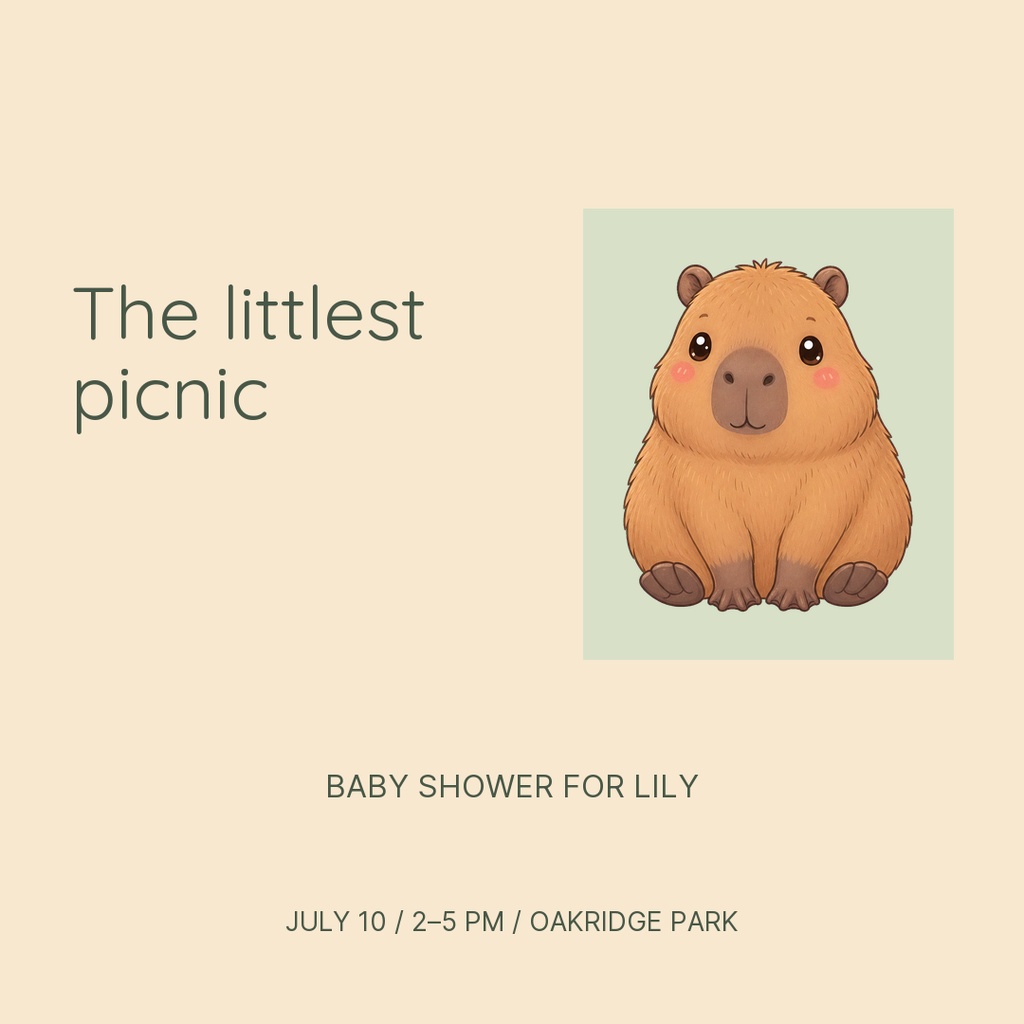 Pastel square post with a capybara illustration and baby shower text.