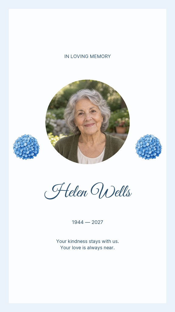 Memorial story template with a portrait, blue flowers, and in loving memory text