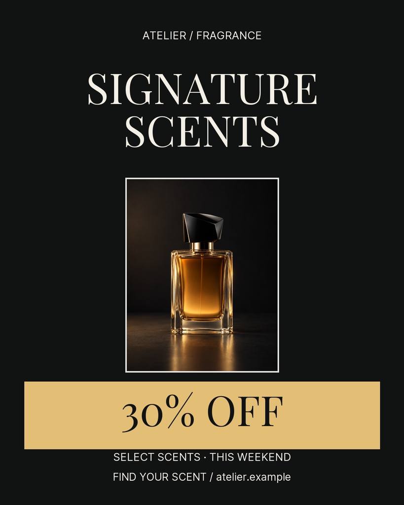 Black and gold perfume sale poster with a bottle image and 30% off text.