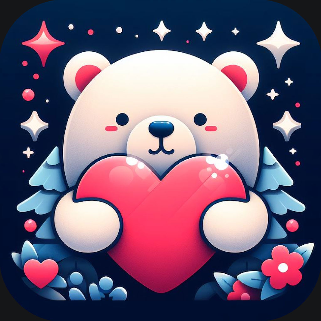 Cartoon bear holding a heart with stars and flowers around