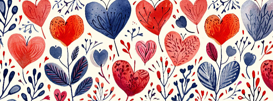 Colorful heart and flower pattern on a white background