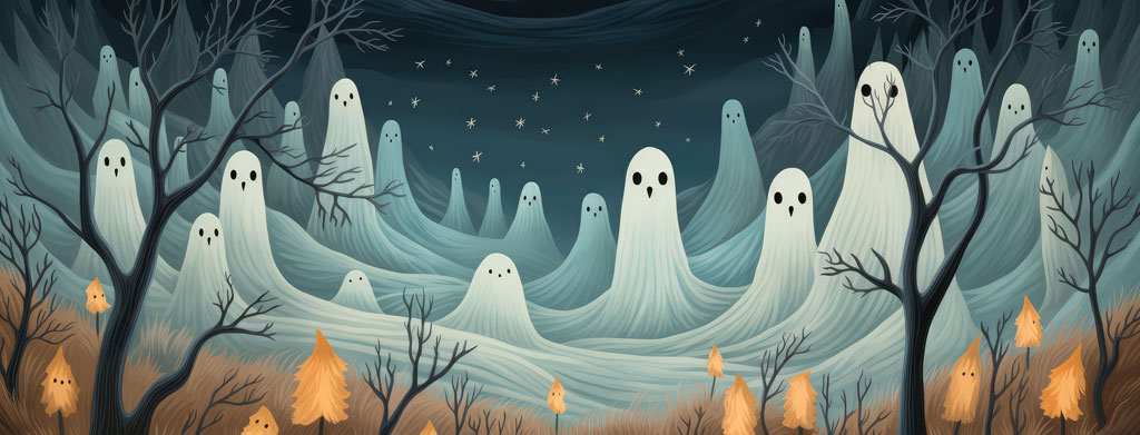 An illustration of numerous ghosts in a forest with bare trees and a starry night sky.
